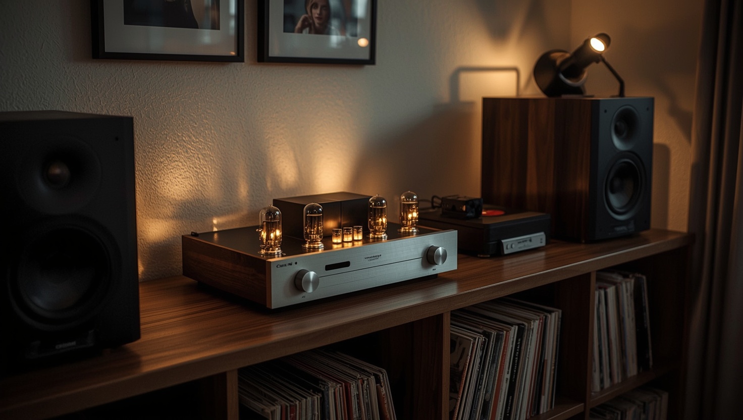 Premium HiFi Roehrenverstaerker auf Holzregal