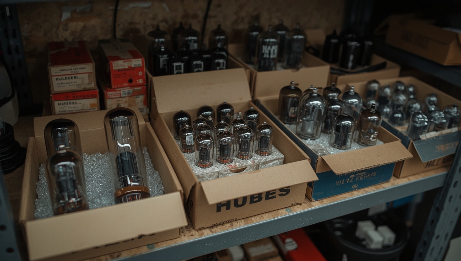 Vintage Roehren in Kartons auf Werkstatt-Regal